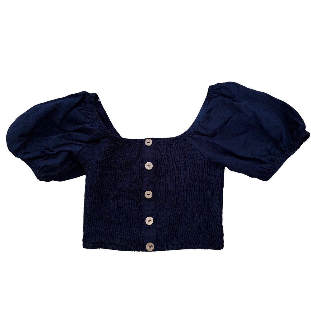 Y2K Simply Blessed Navy Blue Smocked Puff Sleeve Crop Top Square Neck XS